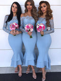 Mermaid Blue Long Sleeves Modest Elegant Bridesmaid Dresses BD043