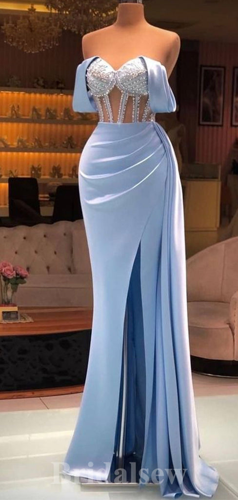 Mermaid Blue Off the Shoulder Satin Party Long Women Evening Prom Dresses PD762