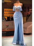 Mermaid Blue Off the Shoulder Satin Party Long Women Evening Prom Dresses PD762