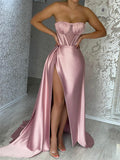 Mermaid Dusty Pink Stylish Satin Strapless Glitter Long Party Women Evening Prom Dresses PD691