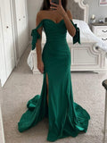 Mermaid Green Off the Shoulder Modest Evening Long Prom Dresses PD348