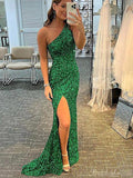 Mermaid Green Sequin Sparkly One Shoulder Women Long Prom Dresses, Evening Dress PD386