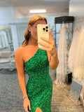 Mermaid Green Sequin Sparkly One Shoulder Women Long Prom Dresses, Evening Dress PD386