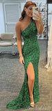 Mermaid Green Sequin Sparkly One Shoulder Women Long Prom Dresses, Evening Dress PD386