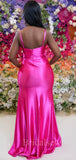 Mermaid Hot Pink Slit Straps Simple Elegant Long Formal Bridesmaid Dresses BD176