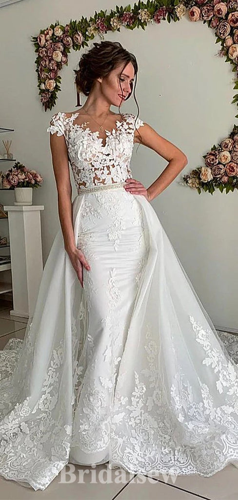 Mermaid Lace Cap Sleeves Elegant Vintage Dream Beach Long Wedding Dresses WD494