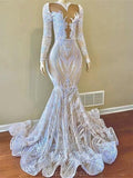 Mermaid Lace Gorgeous Popular Black Girls Long Sleeves Women Long Evening Prom Dresses PD406