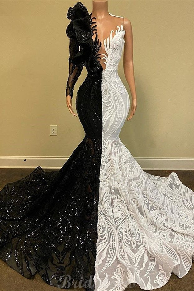Mermaid Lace Gorgeous Unique Black And White Party Women Long Evening Prom Dresses PD407