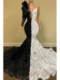 Mermaid Lace Gorgeous Unique Black And White Party Women Long Evening Prom Dresses PD407