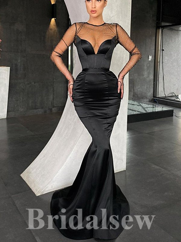 Mermaid Long Sleeves Black Unique Satin New Elegant Modest Long Party Evening Prom Dresses PD1303