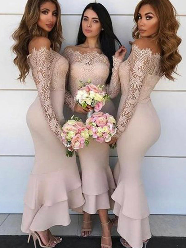 Mermaid Long Sleeves Modest Bridesmaid Dresses,Wedding Guest Dress BD047