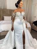 Mermaid Long Sleeves Romantic Satin Detachable Beach Vintage Long Wedding Dresses WD365
