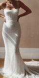 Mermaid Modest Spaghetti Straps Sparkly Long Prom Dresses, Beach Wedding Dresses PD080