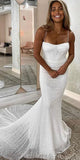 Mermaid Modest Spaghetti Straps Sparkly Long Prom Dresses, Beach Wedding Dresses PD080