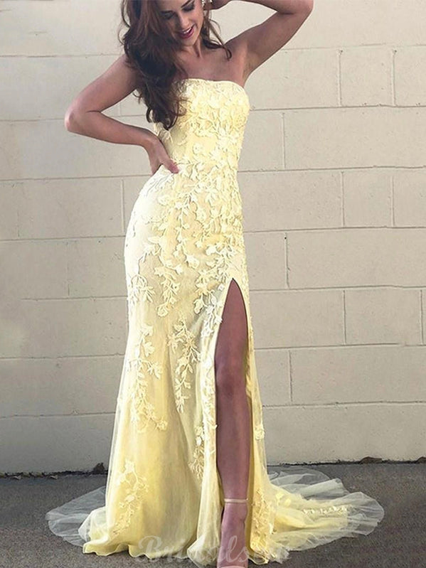 Mermaid Modest Yellow Lace Prom Dresses, Evening Dress PD023 – bridalsew Mermaid Modest Yellow Lace Prom Dresses, Evening Dress PD023 – bridalsew