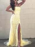 Mermaid Modest Yellow Lace Prom Dresses, Evening Dress PD023