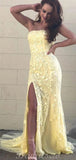 Mermaid Modest Yellow Lace Prom Dresses, Evening Dress PD023