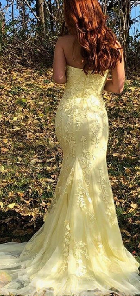 Mermaid Modest Yellow Lace Prom Dresses, Evening Dress PD023 bridalsew Mermaid Modest Yellow Lace Prom Dresses, Evening Dress PD023 bridalsew