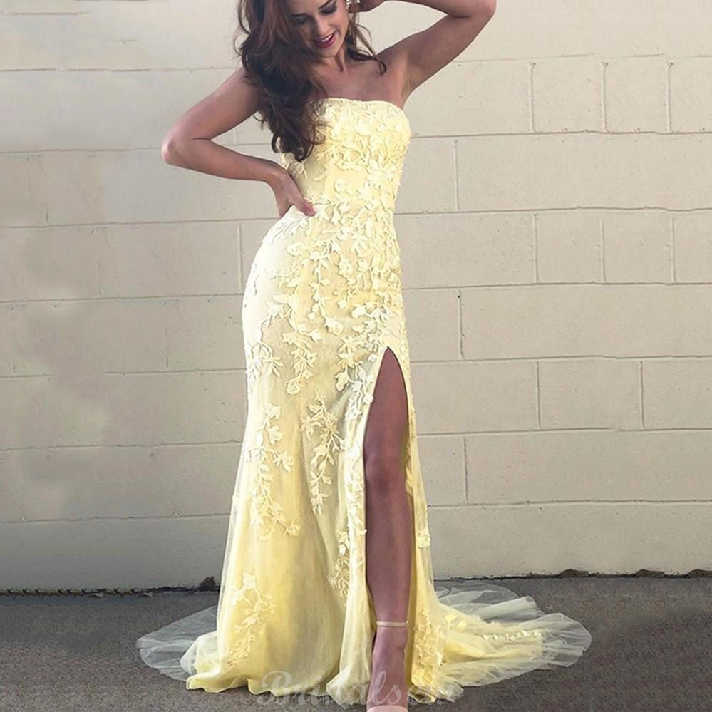 Mermaid Modest Yellow Lace Prom Dresses, Evening Dress PD023 bridalsew Mermaid Modest Yellow Lace Prom Dresses, Evening Dress PD023 bridalsew
