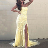Mermaid Modest Yellow Lace Prom Dresses, Evening Dress PD023