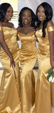 Mermaid Off the Shoulder Gold Simple Elegant Long Formal Bridesmaid Dresses BD131
