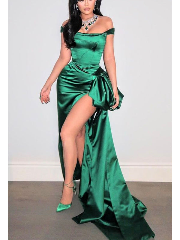 Mermaid Off the Shoulder Green Unique Formal Modest Long Evening Prom Dresses PD1079