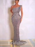 Mermaid One Shoulder Silver Sequin Sparkly Glitter Unique Evening Long Prom Dresses PD1143