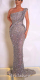 Mermaid One Shoulder Silver Sequin Sparkly Glitter Unique Evening Long Prom Dresses PD1143