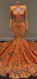 Mermaid Orange Lace Gorgeous Unique Black Girls Long Sleeves Women Long Prom Dresses PD401