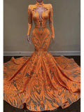 Mermaid Orange Lace Gorgeous Unique Black Girls Long Sleeves Women Long Prom Dresses PD401