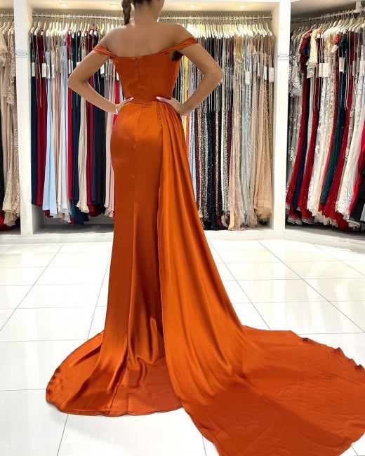 Mermaid Orange Off the Shoulder Modest Elegant Evening Long Prom Dresses PD325