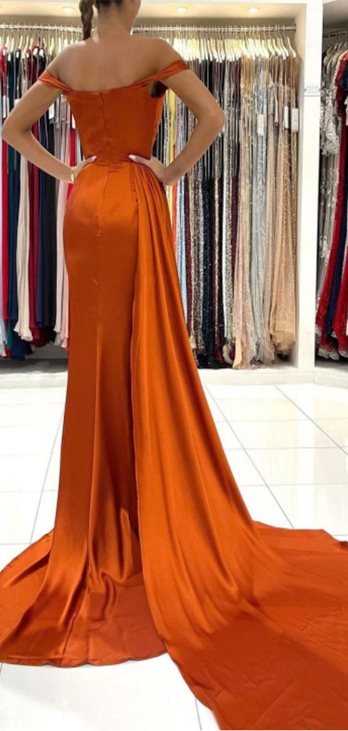 Mermaid Orange Off the Shoulder Modest Elegant Evening Long Prom Dresses PD325