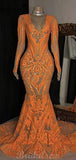 Mermaid Orange V-Neck Lace Gorgeous Unique Black Girls Long Sleeves Women Long Prom Dresses PD402