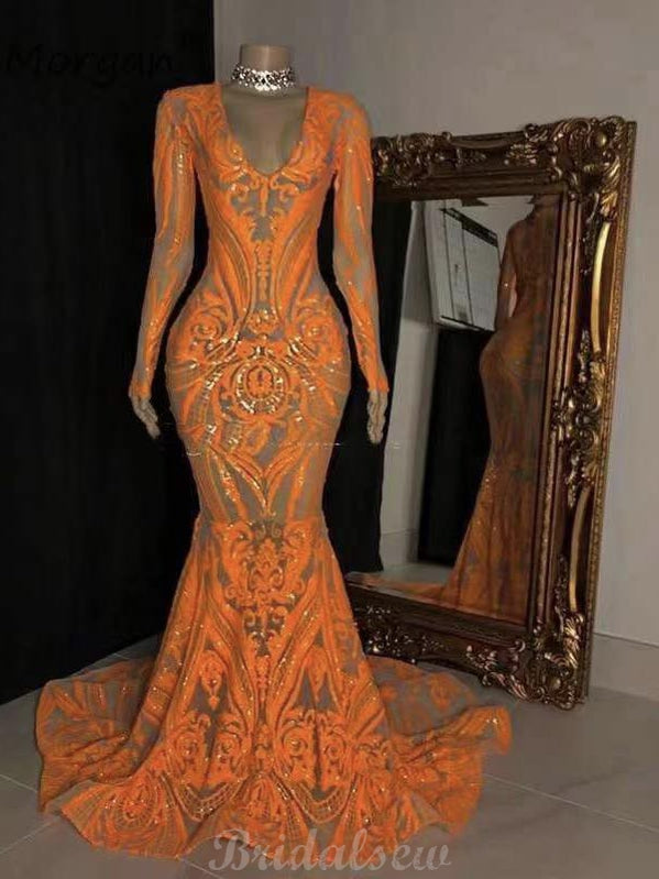 Mermaid Orange V-Neck Lace Gorgeous Unique Black Girls Long Sleeves Women Long Prom Dresses PD402
