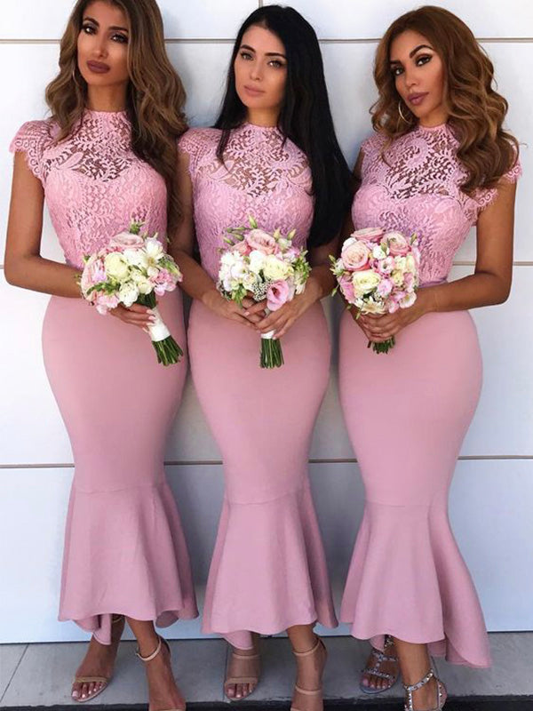 Mermaid Pink Lace Modest Bridesmaid Dresses,Wedding Guest Dress BD050