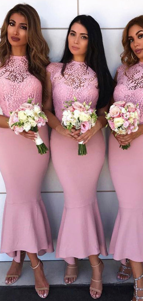 Mermaid Pink Lace Modest Bridesmaid Dresses,Wedding Guest Dress BD050