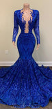 Mermaid Royal Blue Lace Gorgeous Unique Black Girls Long Sleeves Women Long Prom Dresses PD403