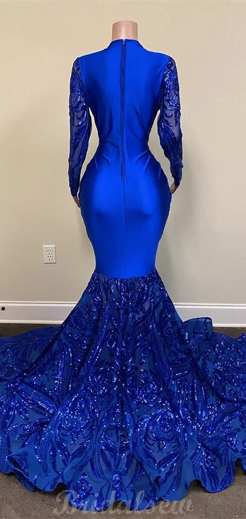 Mermaid Royal Blue Lace Gorgeous Unique Black Girls Long Sleeves Women Long Prom Dresses PD403