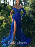 Mermaid Royal Blue Off the Shoulder Sequin Sparkly Stunning Evening Long Prom Dresses PD1103