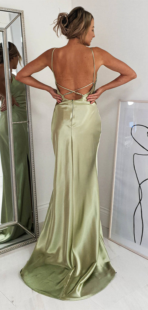 Mermaid Sage Spaghetti Straps Simple Elegant Long Prom Dresses, Formal Evening Dress PD271