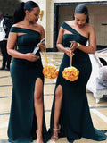 Mermaid Satin One Shoulder Elegant Formal Long Bridesmaid Dresses with Split BD116