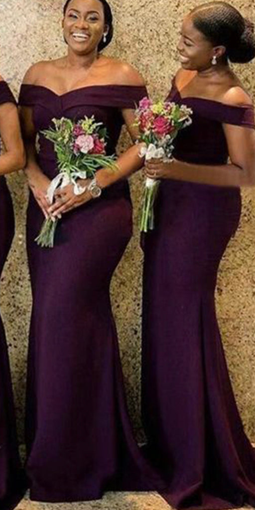 Mermaid Satin Purple Off Shoulder Elegant Formal Long Bridesmaid Dresses BD115