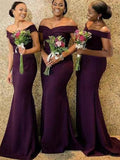 Mermaid Satin Purple Off Shoulder Elegant Formal Long Bridesmaid Dresses BD115