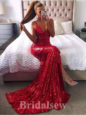 Sparkly A-line Spaghetti Straps V-neck Long Tulle Prom Dresses, PD1052
