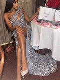 Mermaid Silver Sequin Sparkly Unique Modest Party Evening Long Prom Dresses PD303