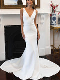 Mermaid Sleeveless V-Neck Long Beach Formal Simple Elegant Wedding Dresses WD126