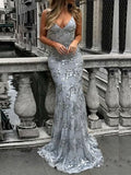 Mermaid Silver Sparkly Spaghetti Straps Modest Evening Long Prom Dresses PD349