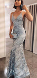 Mermaid Silver Sparkly Spaghetti Straps Modest Evening Long Prom Dresses PD349