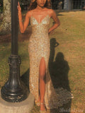 Mermaid Spaghetti Straps Gold Sequin Modest Party Long Prom Dresses PD367