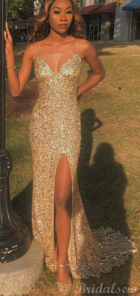 Mermaid Spaghetti Straps Gold Sequin Modest Party Long Prom Dresses PD bridalsew Mermaid Spaghetti Straps Gold Sequin Modest Party Long Prom Dresses PD bridalsew